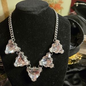 Chunky Triangle Crystal Statement Necklace Silver Glam Y2K Party